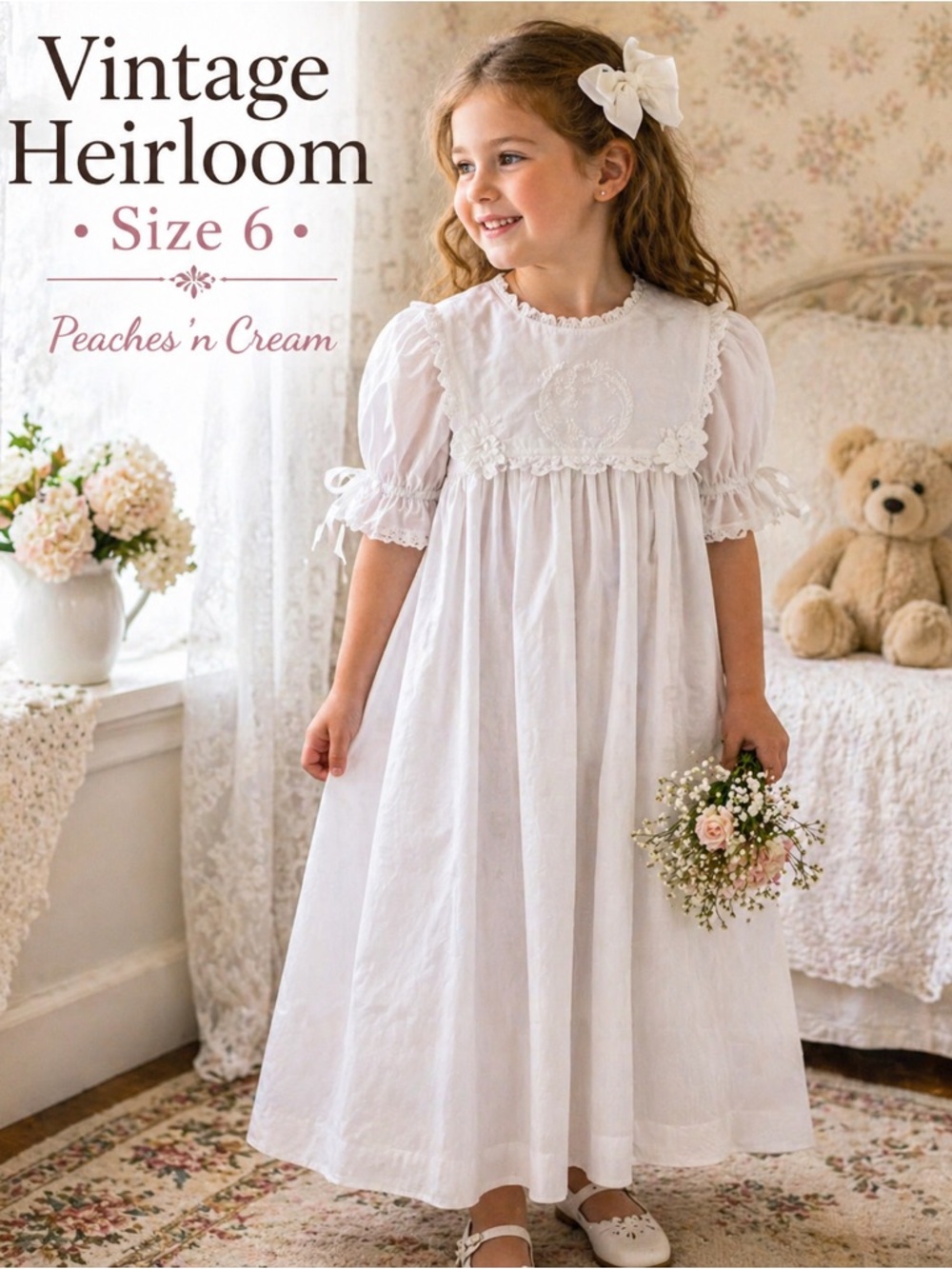 Vintage Heirloom Girls Dress White Lace Peaches n Cream Size 6